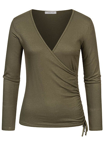 Hailys Dames Ribbed V-Neck Longsleeve khaki groen