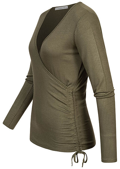 Hailys Dames Ribbed V-Neck Longsleeve khaki groen