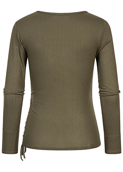 Hailys Dames Ribbed V-Neck Longsleeve khaki groen