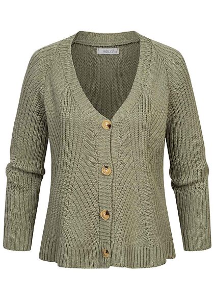 Hailys Damen V-Neck Cardigan Strickjacke Knopfleiste hell khaki grün