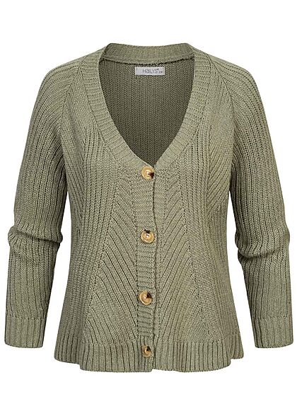 Hailys Damen V-Neck Cardigan Strickjacke Knopfleiste hell khaki grn