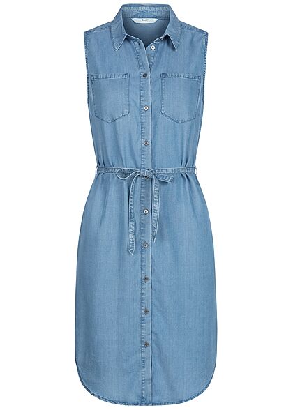 ONLY Damen Jeans Blusen Kleid inkl. Bindegürtel 2 Brusttaschen medium blau denim - Art.-Nr.: 21062972