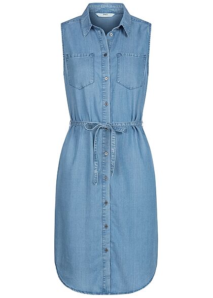 ONLY Damen Jeans Blusen Kleid inkl. Bindegrtel 2 Brusttaschen medium blau denim - Art.-Nr.: 21062972