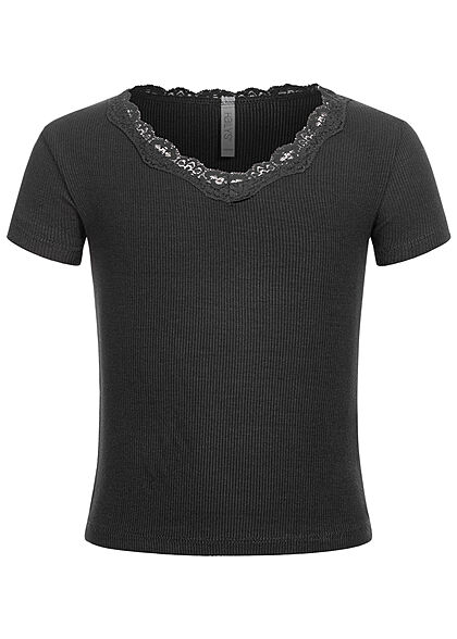 Hailys Kids Mädchen V-Neck Ribbed T-Shirt Spitzenbesatz schwarz - Art.-Nr.: 21063036