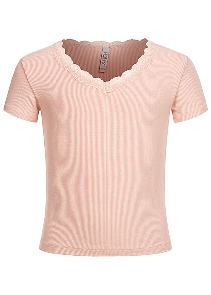 Hailys Kids Mädchen V-Neck Ribbed T-Shirt Spitzenbesatz rosa