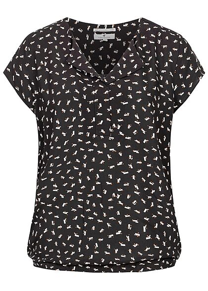 Tom Tailor Damen V-Neck Kurzarm Puffer Bluse Geometrisches Muster schwarz