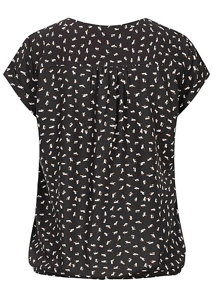 Tom Tailor Damen V-Neck Kurzarm Puffer Bluse Geometrisches Muster schwarz