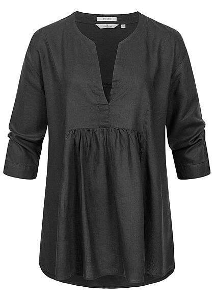 Tom Tailor Damen 3/4-Arm V-Neck Bluse Tunika Leinen Optik tief schwarz - Art.-Nr.: 21063061