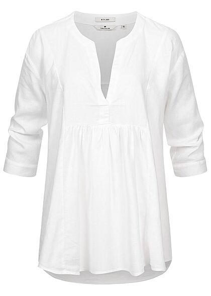 Tom Tailor Damen 3/4-Arm V-Neck Bluse Tunika Leinen Optik weiss