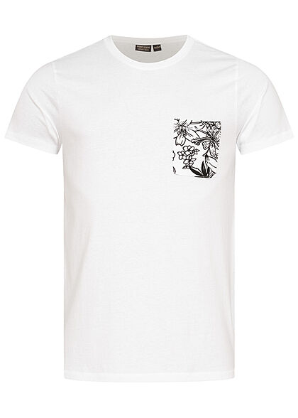 Eight2Nine Herren T-Shirt Brusttasche Floraler Print weiss