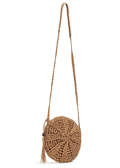 Styleboom Fashion Damen runde Bast Handtasche ca. 25x25cm Zipper khaki beige