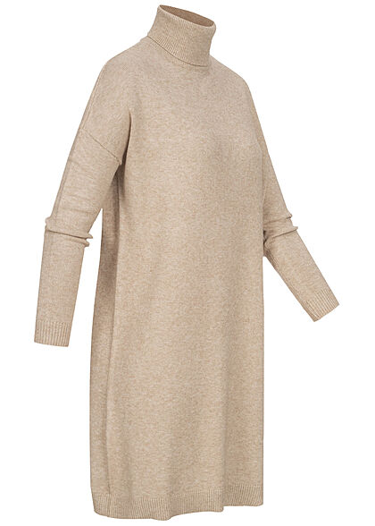 VILA Damen NOOS Rollkragen Longform Strickpullover Kleid natural beige melange