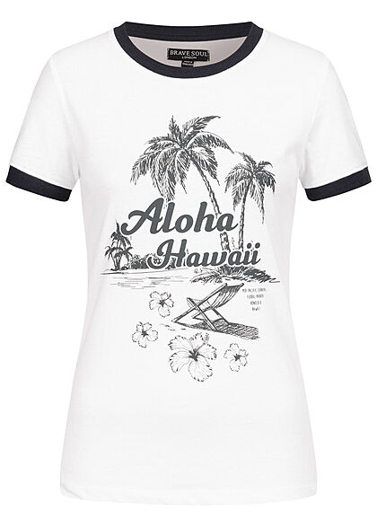 Brave Soul Dames 2-Tone T-Shirt Aloha Hawaii Print wit - Art.-Nr.: 21063244