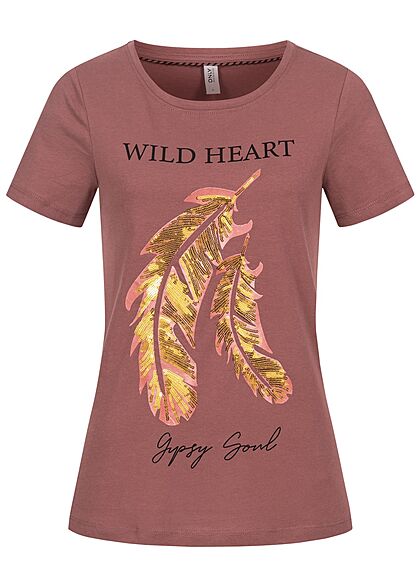 ONLY Dames T-Shirt Wild Heart Print roze bruin