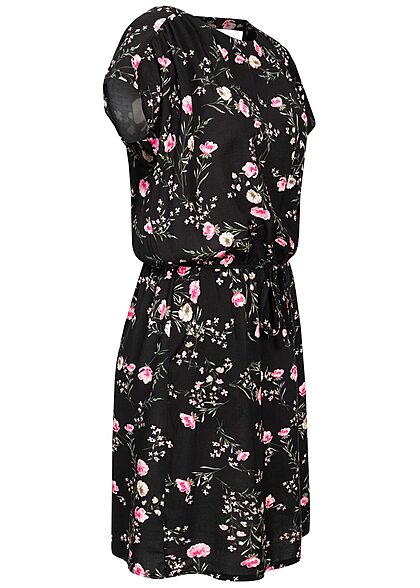 Styleboom Fashion Dames Jurk Bloemen Print zwart roze