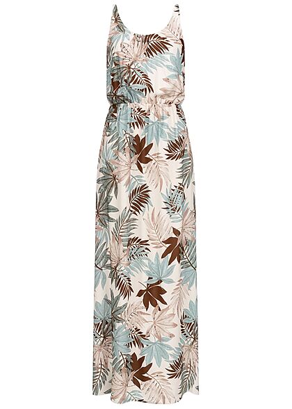 Styleboom Fashion Dames V-Neck Maxi Jurk Tropical Print oatmeal beige multicolor