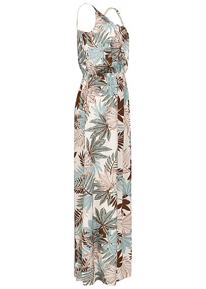 Styleboom Fashion Dames V-Neck Maxi Jurk Tropical Print oatmeal beige multicolor