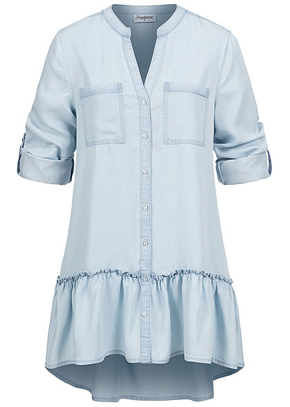 Seventyseven Lifestyle Dames Turn-Up Longform Blouse lichtblauw denim