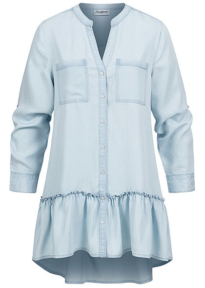 Seventyseven Lifestyle Dames Turn-Up Longform Blouse lichtblauw denim