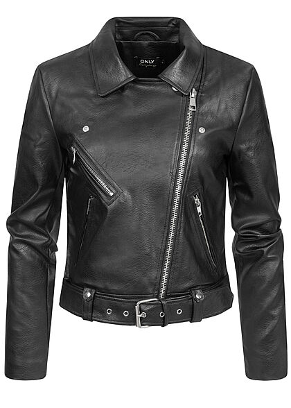 ONLY Dames Bikerjack van kunstleer met rits en 3 zakken zwart