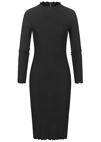 ONLY Damen Ribbed High-Neck Midi Kleid mit Frilldetails am Saum schwarz