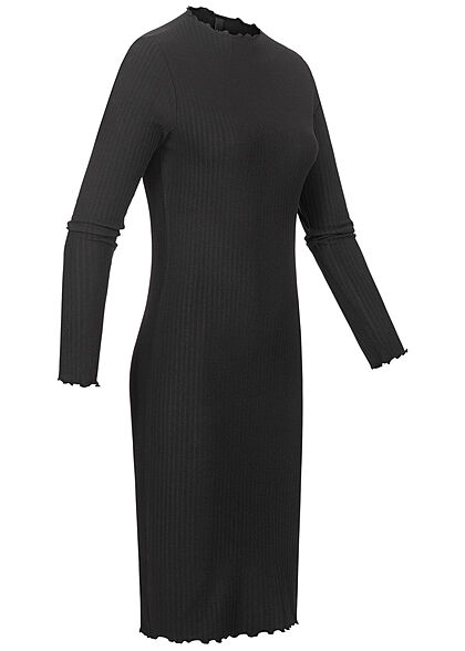 ONLY Damen Ribbed High-Neck Midi Kleid mit Frilldetails am Saum schwarz