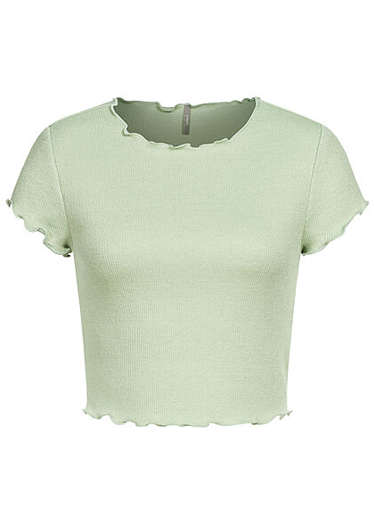 ONLY Damen Ribbed Crop Top T-Shirt mit Wellendetails am Saum frosty grün