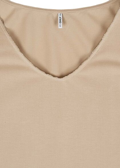 ONLY Damen V-Neck Modal Top mit Schmuckapplikation am Ausschnitt cement beige