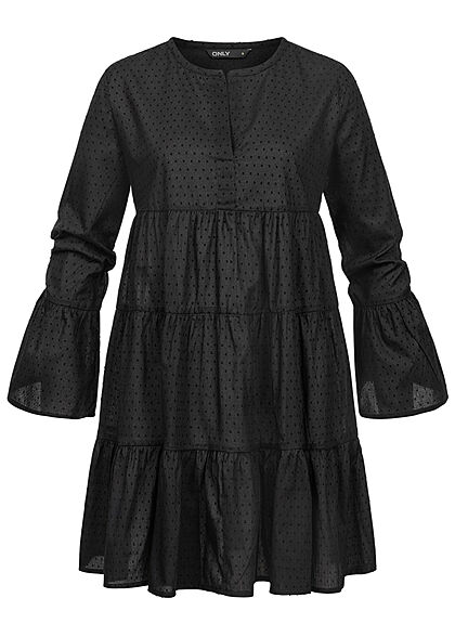 ONLY Damen V-Neck Tunica Stufenkleid mit Pufferrmeln Punkte Muster schwarz - Art.-Nr.: 21073379