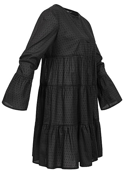 ONLY Damen V-Neck Tunica Stufenkleid mit Pufferrmeln Punkte Muster schwarz