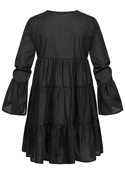 ONLY Damen V-Neck Tunica Stufenkleid mit Pufferrmeln Punkte Muster schwarz