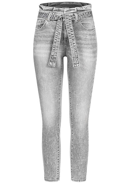 ONLY Damen Skinny Fit  Ankle Paperbag Jeans mit Bindegürtel 5-Pockets hellgrau denim