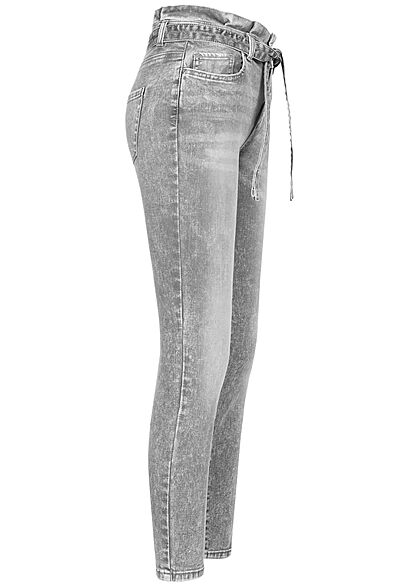 ONLY Damen Skinny Fit  Ankle Paperbag Jeans mit Bindegürtel 5-Pockets hellgrau denim