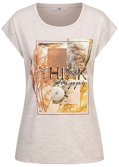 Hailys Dames T-Shirt Think Happy Print beige melange