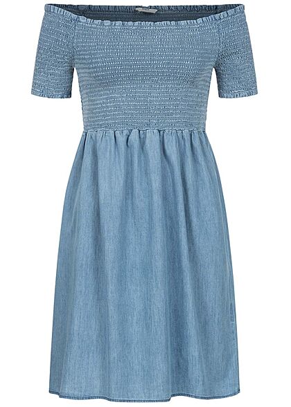 ONLY Damen Off-Shoulder Mini Smock Kleid Rschen am Saum medium blau denim - Art.-Nr.: 21073534
