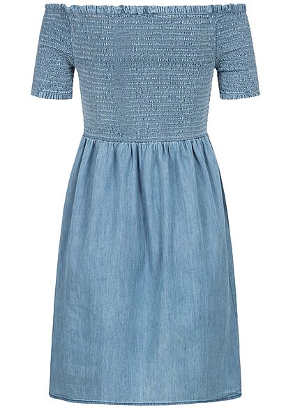 ONLY Damen Off-Shoulder Mini Smock Kleid Rschen am Saum medium blau denim