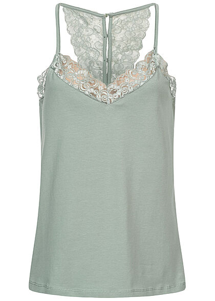 Seventyseven Lifestyle Dames V-Neck Top met Kanten chinois groen