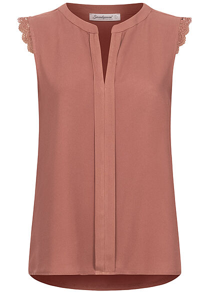 Seventyseven Lifestyle Dames Viscose V-hals Gehaakte bies Blouse bruin