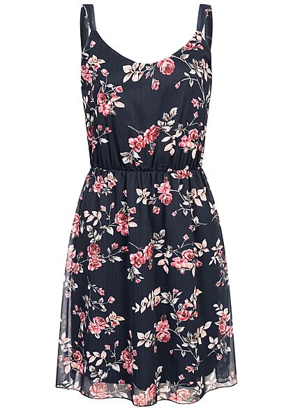 Styleboom Fashion Damen V-Neck Mini Kleid Rosen Print Taillengummizug navy blau mc