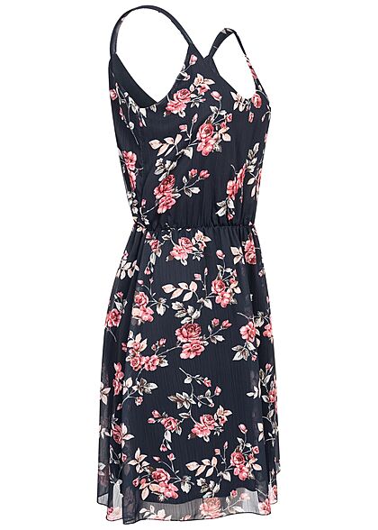 Styleboom Fashion Damen V-Neck Mini Kleid Rosen Print Taillengummizug navy blau mc