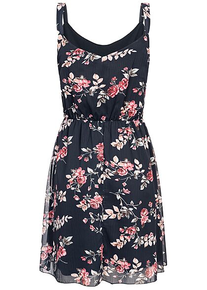Styleboom Fashion Damen V-Neck Mini Kleid Rosen Print Taillengummizug navy blau mc