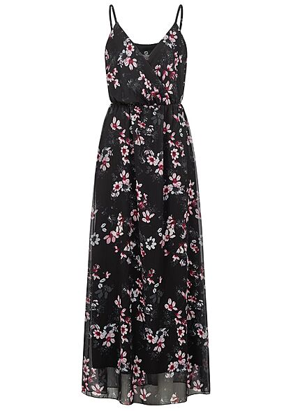 Styleboom Fashion Dames V-Hals Maxi Wrap Jurk Bloem Print zwart