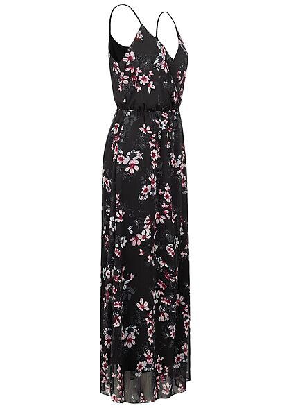 Styleboom Fashion Dames V-Hals Maxi Wrap Jurk Bloem Print zwart
