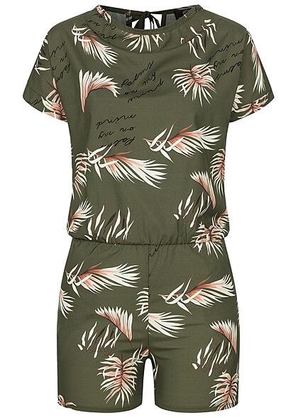 Styleboom Fashion Dames Playsuit Tropical Print khaki groen