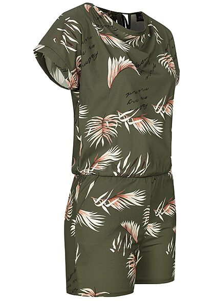 Styleboom Fashion Dames Playsuit Tropical Print khaki groen