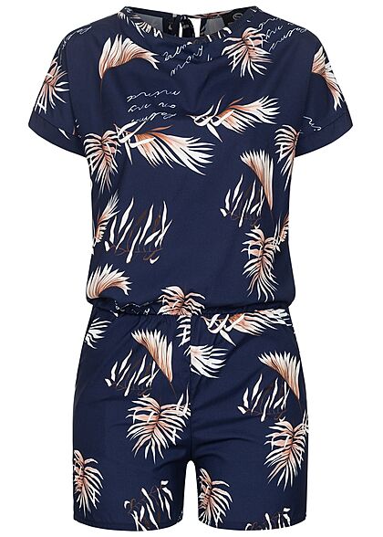 Styleboom Fashion Dames Playsuit Tropical Print navy blauw
