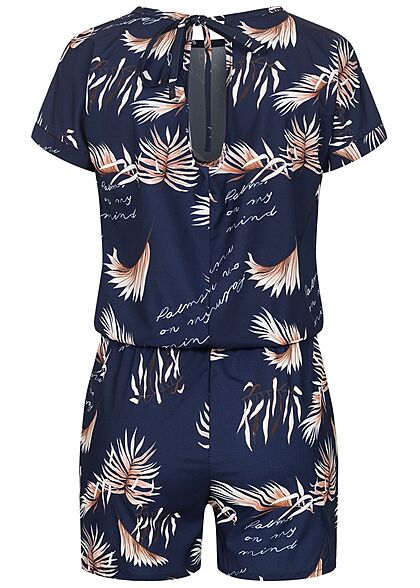 Styleboom Fashion Dames Playsuit Tropical Print navy blauw