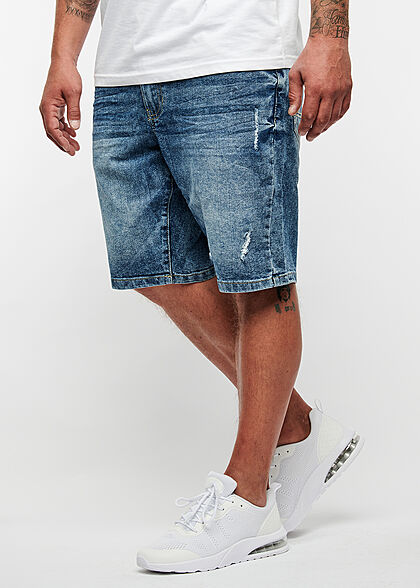 Seventyseven Lifestyle Herren Bermuda Jeans Shorts Destroy Look 5-Pockets mid blau denim - Art.-Nr.: 21078257