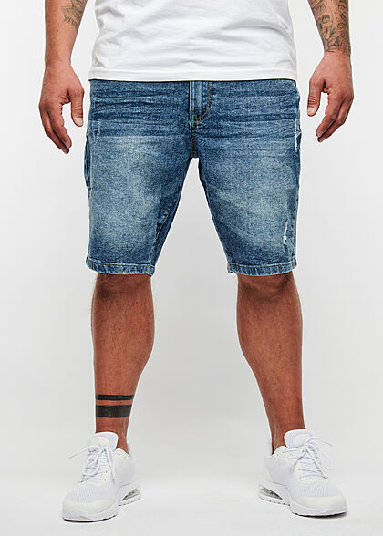 Seventyseven Lifestyle Herren Bermuda Jeans Shorts Destroy Look 5-Pockets mid blau denim