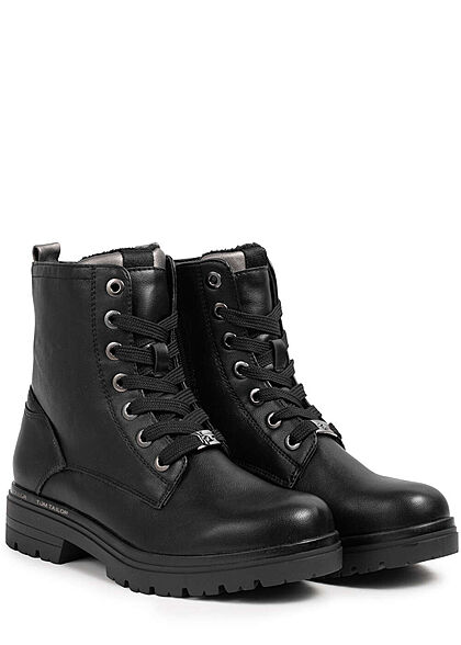 Tom Tailor Damen Schuh PU Halbstiefel mit Zipper & zum schnüren schwarz